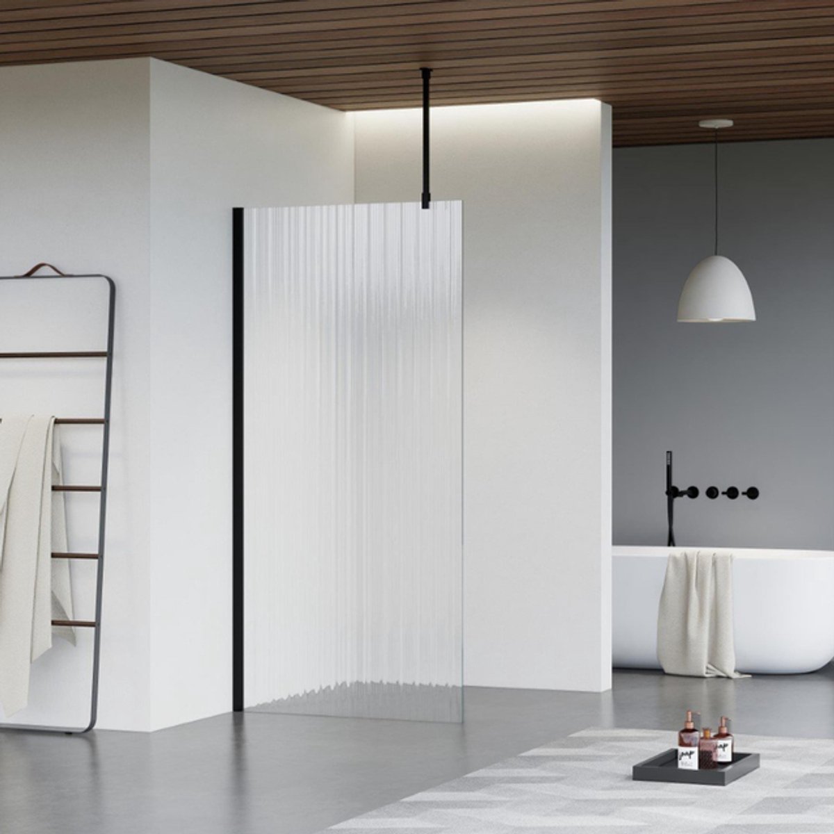 FugaFlow Eccelente Vetro inloopdouche badkamer - 180x200cm - ribbelglas - plafondarm - mat zwart
