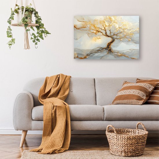 Arbre abstrait aux accents dorés - Peinture d'arbre sur toile - Art mural nature - Art abstrait - Peintures classiques - Art mural - toile 120x80 cm