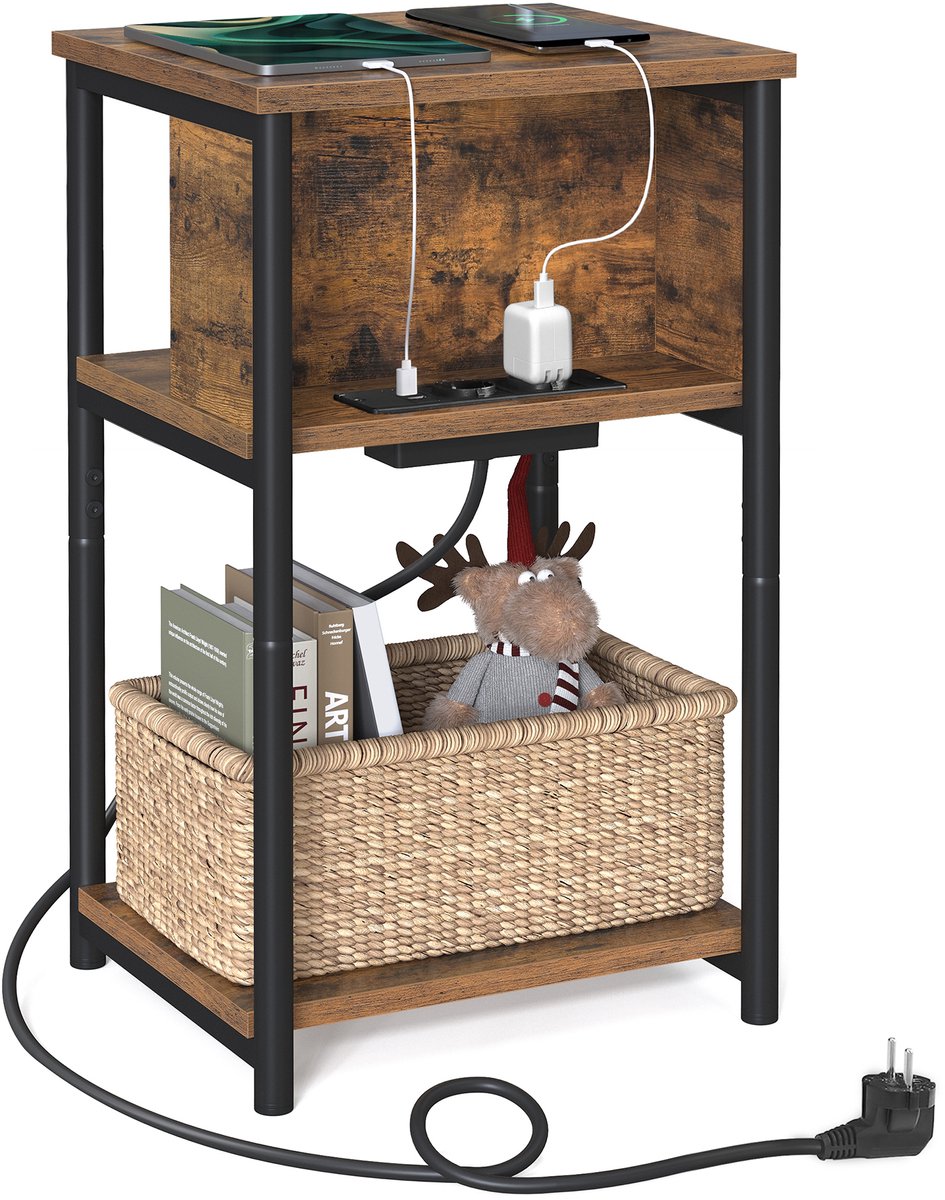 Zivv Bijzettafel met Stopcontact – 2 USB & 2 AC Poorten – Kabelbeheer – Compact Nachtkastje 30x34x58 cm – Stijlvol & Praktisch - Bruin