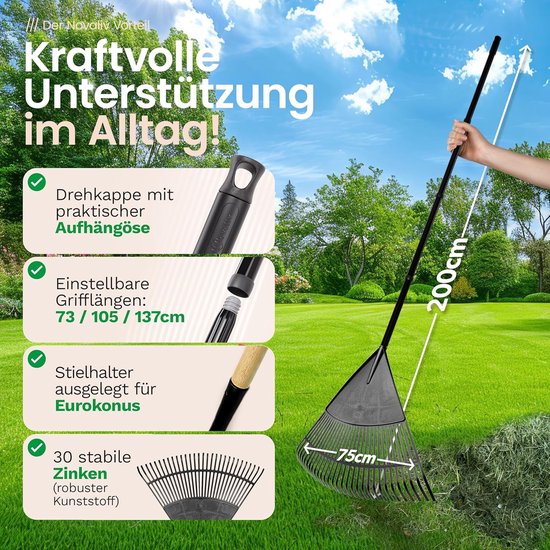 2x Bladharken met 4-delige steek- en schroefstelen, bladveger met 30 kunststof tanden, harkwerkbreedte 75 cm, bladhark, tuinbezem, gazonhark, hark, tuinbezem, tuingereedschap zwart van Merkloos	 — afbeelding 5