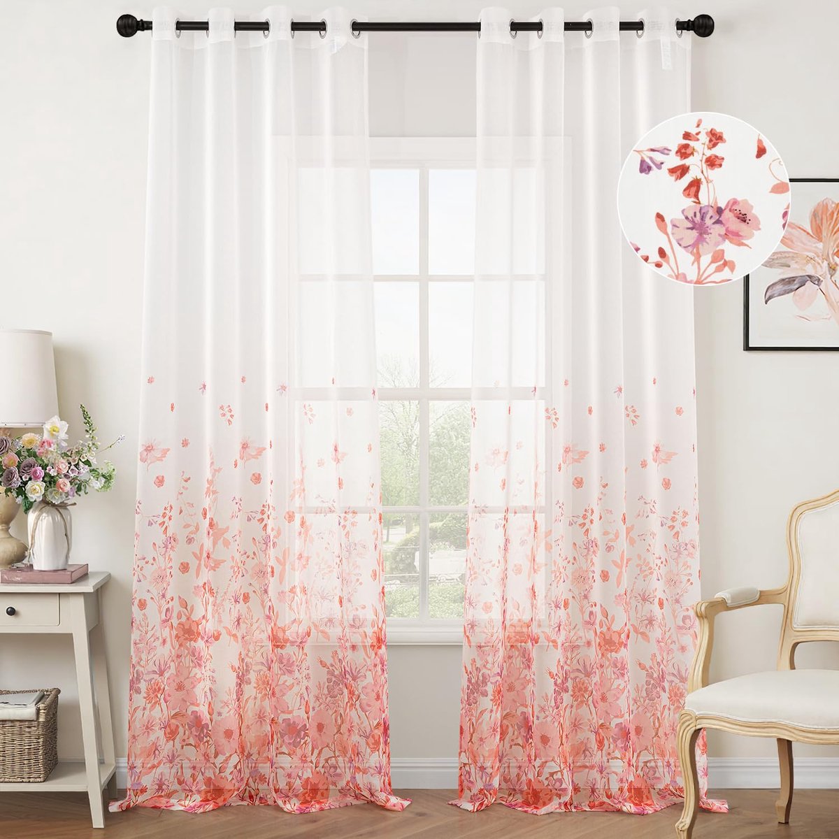 Ibenzoa Elegante Transparante Gordijnen met Ingestanste Ringen voor Slaap- en Woonkamers, Set van 2, Roze, 140 x 260 cm