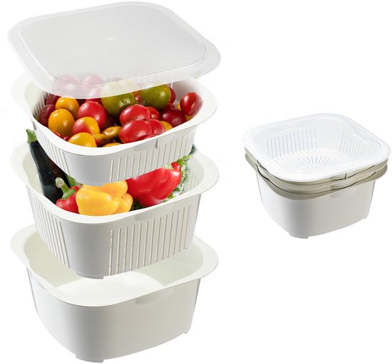 Ibenzoa® Veelzijdige 3-in-1 Keukenzeef Set met Deksel, Stapelbare Wasmand voor Groenten en Fruit