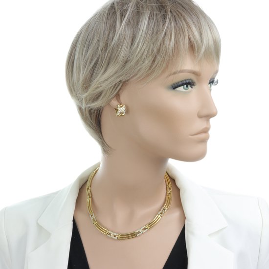 Behave – Parure de bijoux – Couleur or – Cristal – Collier + Clips oreilles – Classique – 42 cm – Emballage cadeau