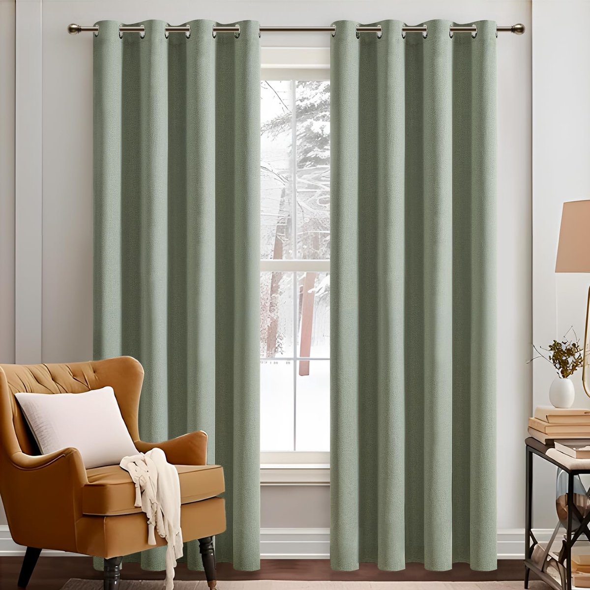 Unyqoos Gordijnen voor Optimale Verduistering en Isolatie, Linnenlook, Saliegroen, Set van Twee, Metalen Ringen, 132x225 cm