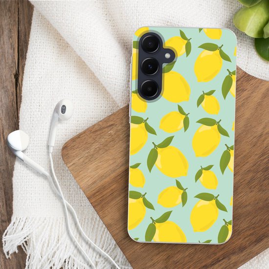 Coque de téléphone compatible avec Samsung Galaxy A55 - Motif citrons - Jaune - Blauw - Motif fruits - Coque en Siliconen