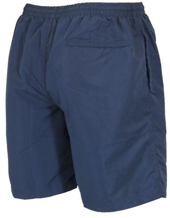 Achterkant van een donkerblauwe Donnay sportbroek met elastische tailleband en een zak.