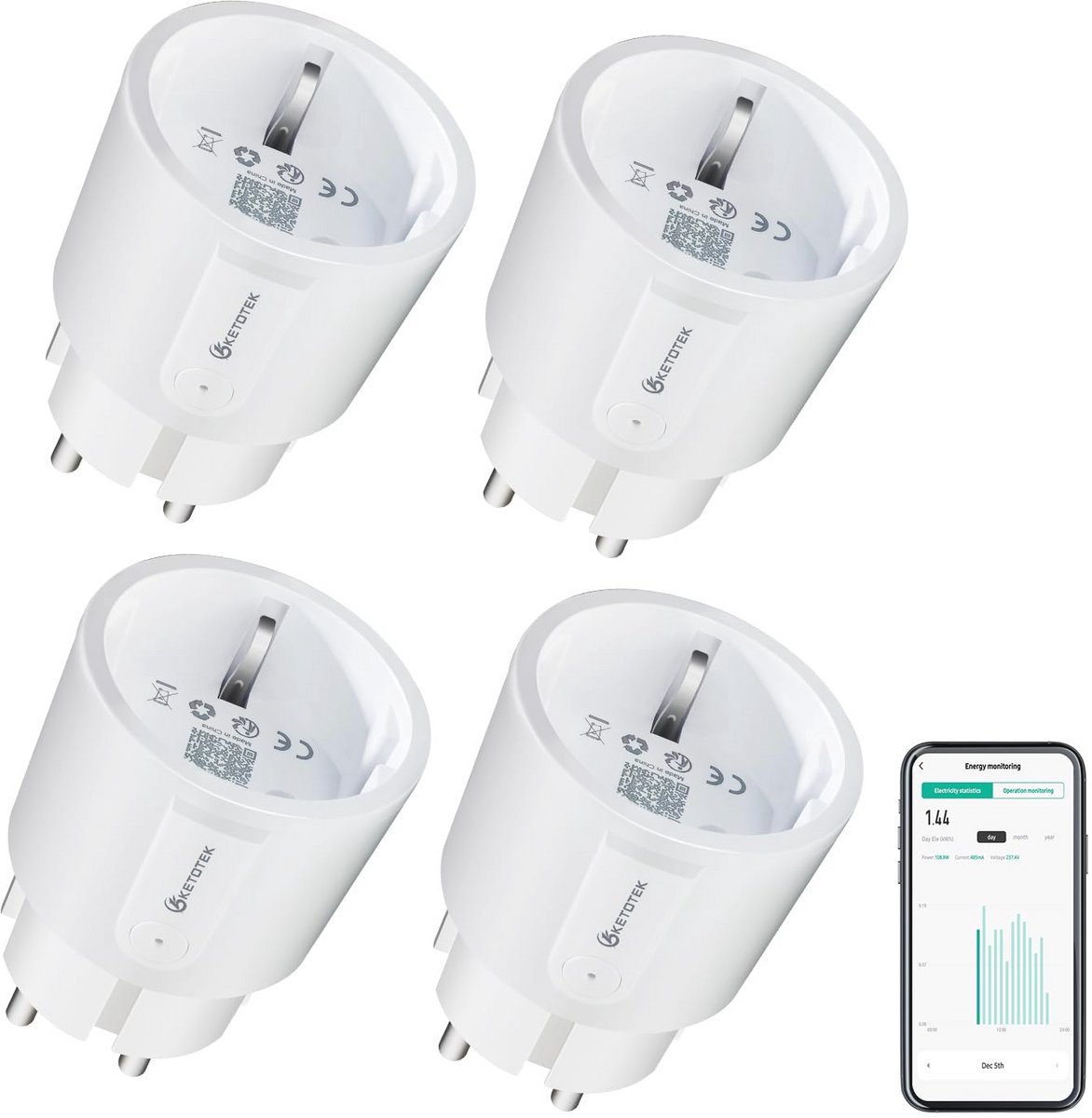 Mini Slimme Stekker met Stroommeting en App-afstandsbediening voor Alexa en Google Assistant - 4 Stuks