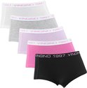 Vijf Vingino boxershorts in het wit, grijs, lila, roze en zwart. Elastische tailleband met 'Vingino 1997' logo.