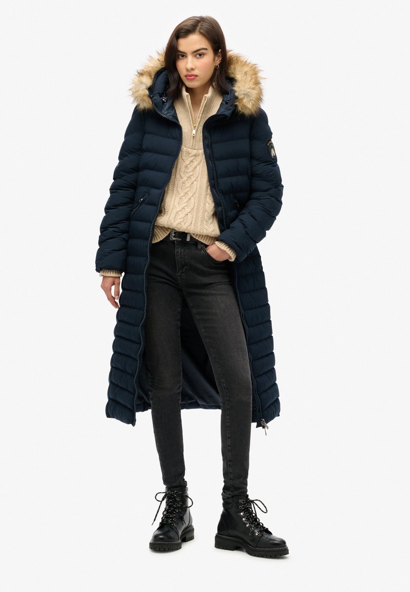 Superdry Fuji Faux Fur Hooded Longline Winterjas Dames 40 Blauw