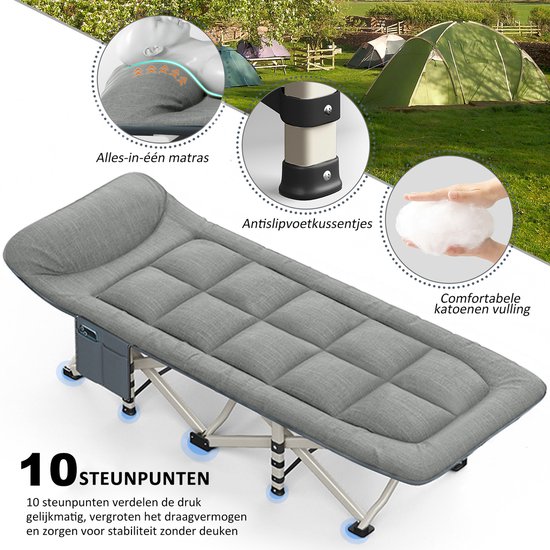 Grijze opklapbare campingbed met "alles-in-één matras", "antislipvoetjes" en "comfortabele katoenen vulling".