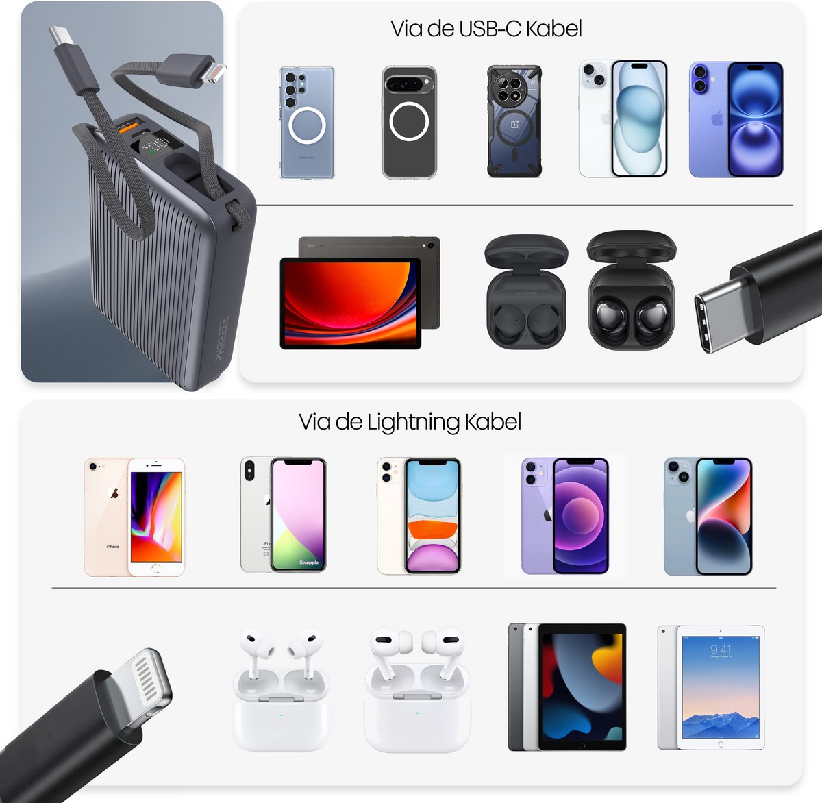 2x Ultra Compacte Powerbank 20000 mAh met Ingebouwde Kabels - afbeelding 3