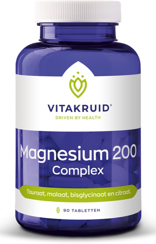 Blauwe pot met een wit deksel, etiket met "Vitakruid Magnesium 200 Complex" en "90 Tabletten".