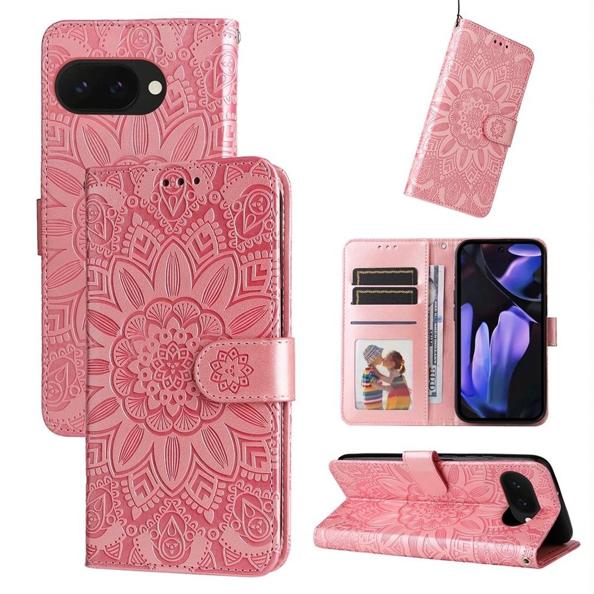 Mobigear Telefoonhoesje geschikt voor Google Pixel 9a Hoesje | Mobigear Sunflower Bookcase Portemonnee | Pasjeshouder voor 3 Pasjes | Telefoonhoesje voor Pinpas / OV Kaart / Rijbewijs - Roségoud