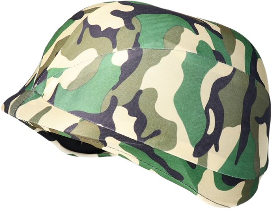 Camouflage helm, gezien vanaf de zijkant. De helm is lichtgroen, beige en zwart.