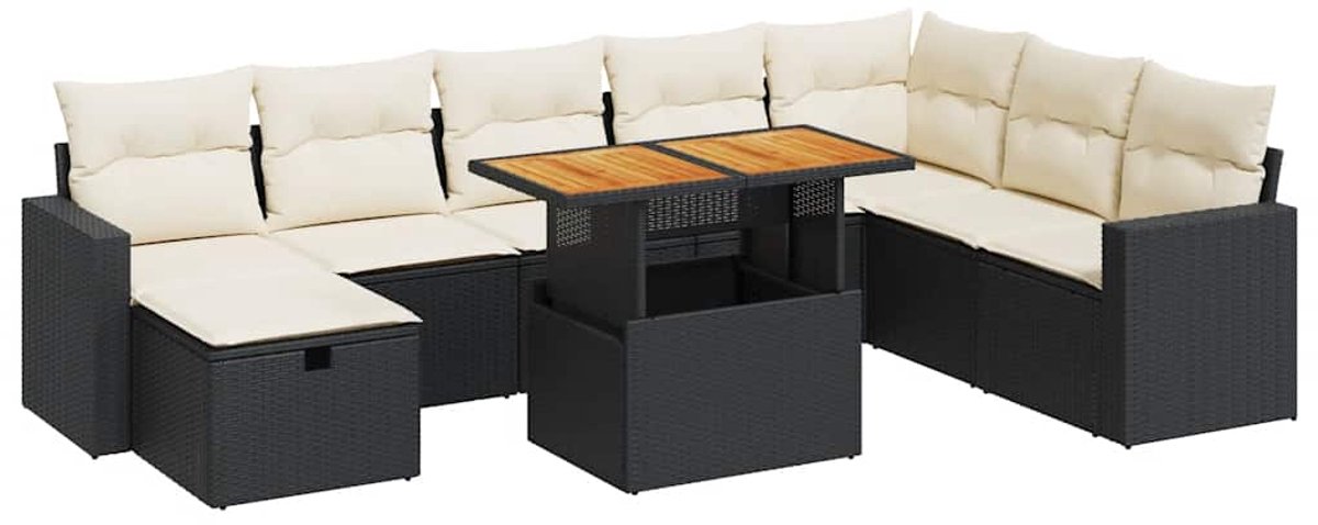 vidaXL 9-delige - Loungeset - met - kussens - poly - rattan - acacia - zwart bruin