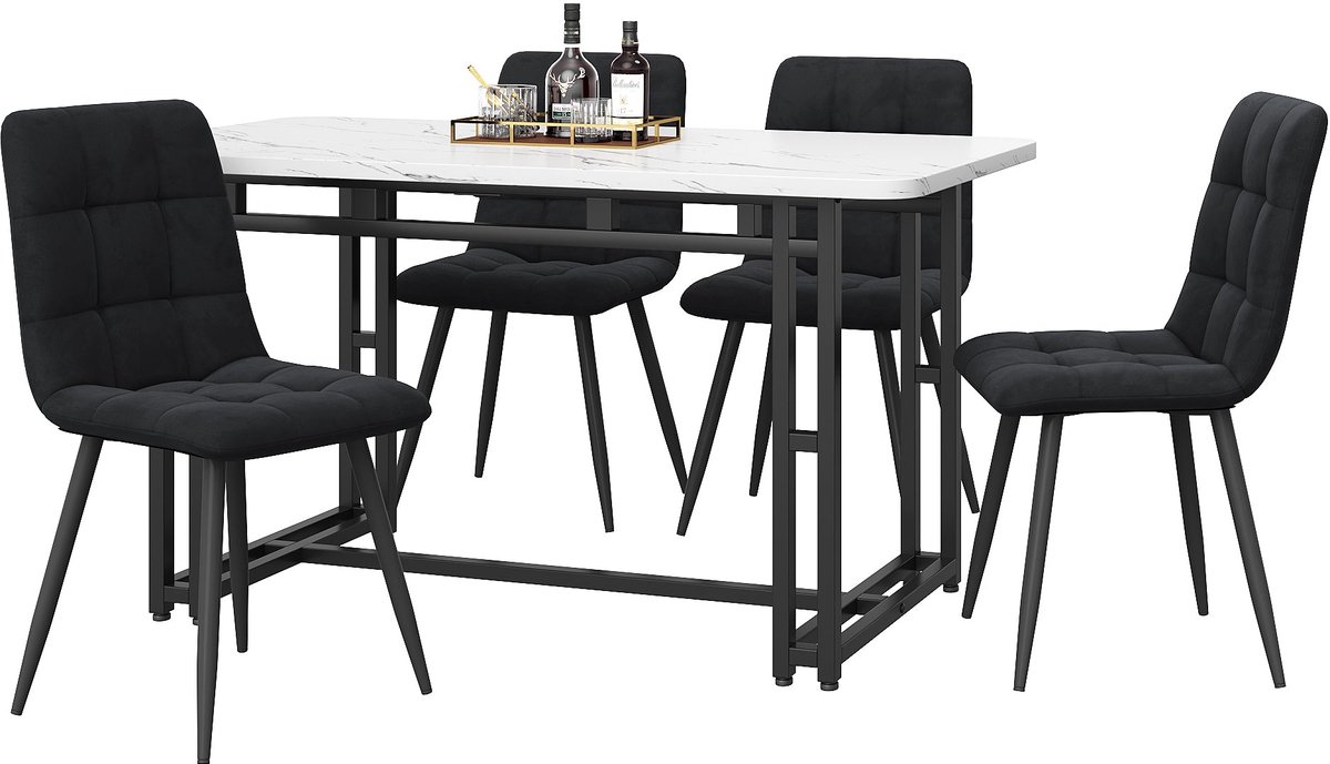 Merax 120x70 cm Zwarte Eettafel Set met 4 Stoelen – Moderne Keukentafel en Zwarte Fluwelen Eetkamerstoelen met Zwarte Metalen Poten