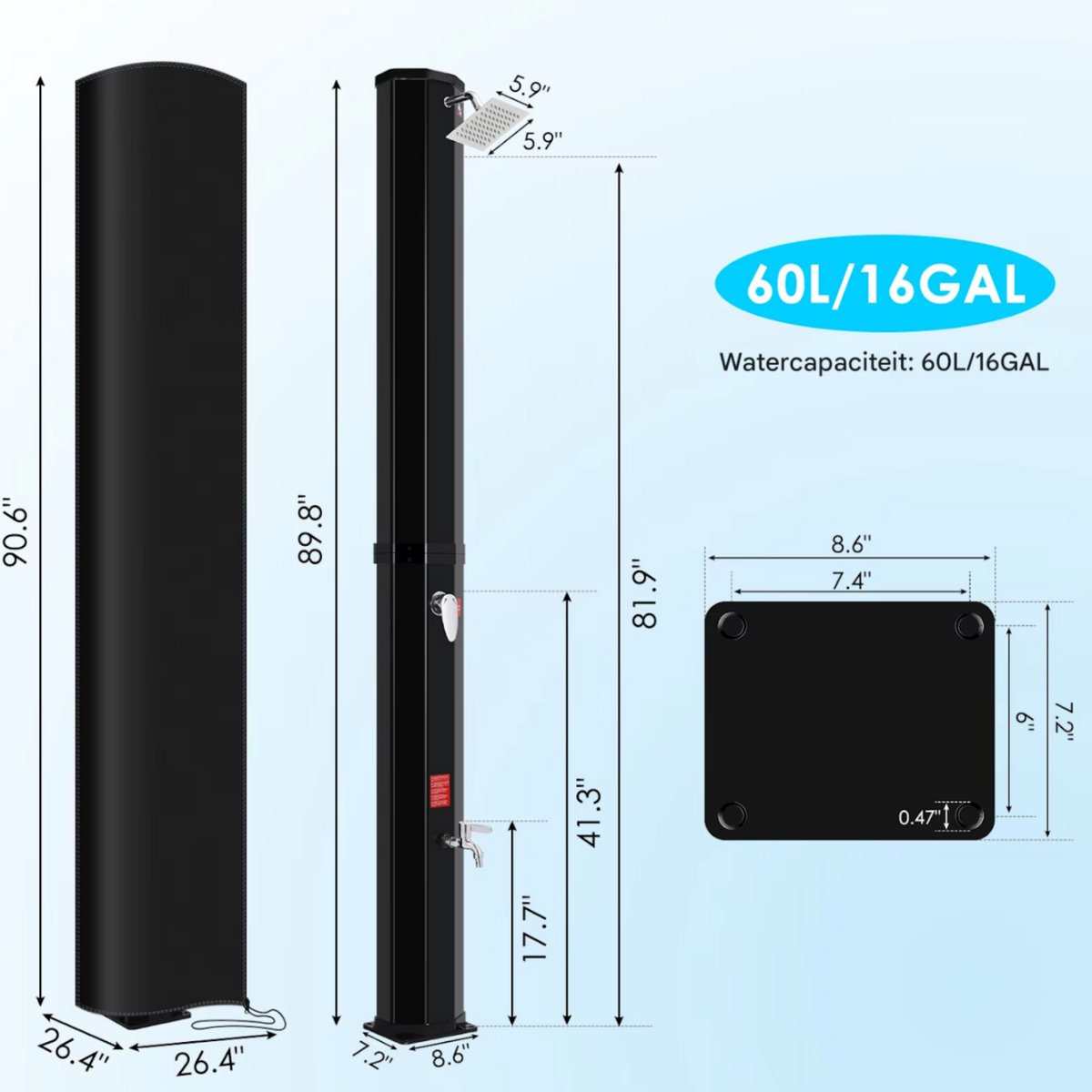 Vrijstaande Buiten Douche - Zwart - Tuindouche - Sauna douche - 360° Zonne-energie Douchekop en Voetspoeluitloop - Temperatuurgestuurd tot 60°C - Met Deksel - 60L thumbnail 5