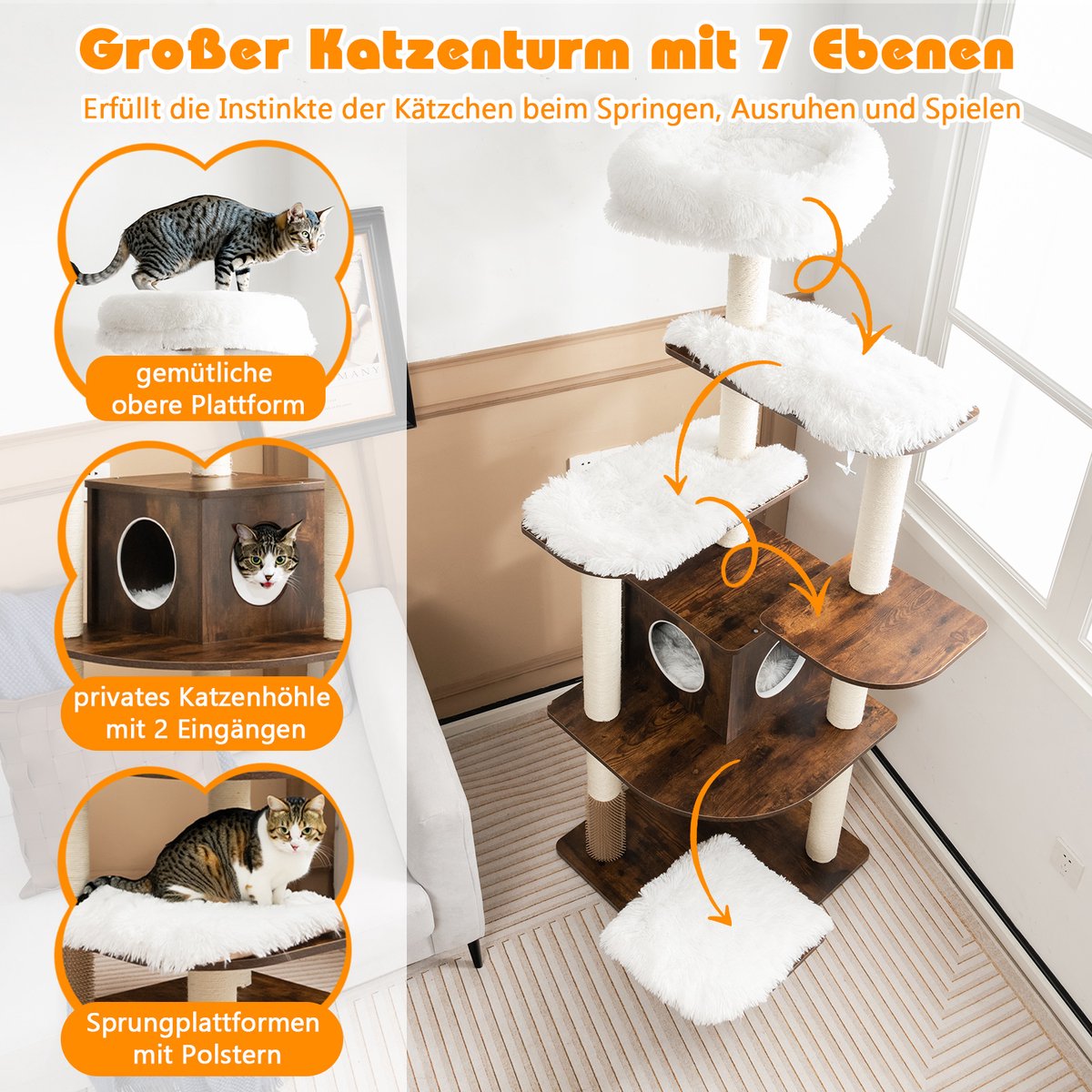 Costway 175 cm grote krabpaal van hout, 6-traps kattenkrabpaal groot, kattenspeelhuis met holte en 5 matten, activiteitenboom, kattenmeubel, klimboom, kattenhuis, kattenboom, donkerbruin thumbnail 3