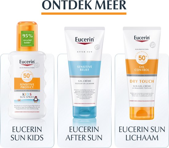 Drie Eucerin zonnebrandproducten: Kids, After Sun en Oil Control. Eerste flesje 95% gerecycled.