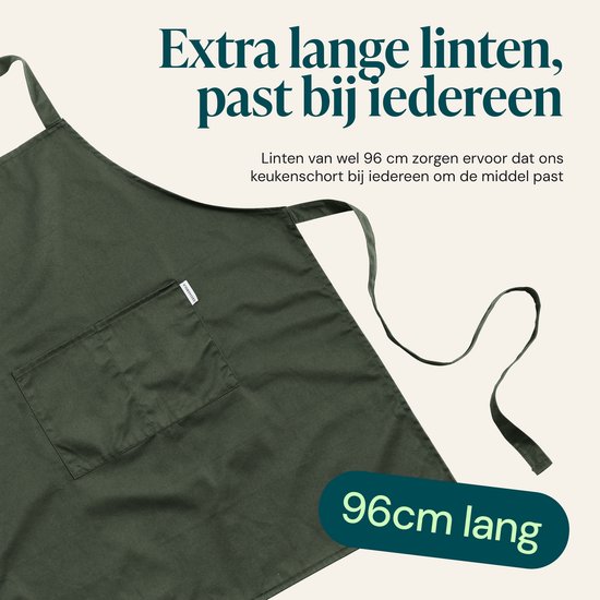 Tablier de cuisine vert avec une poche et de longs liens à nouer.
