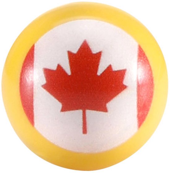 Een gele knikker met de Canadese vlag erop.