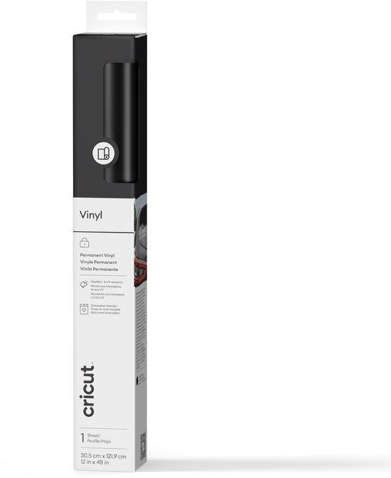 Verpakking van Cricut Permanent Vinyl, met een afbeelding van een oranje fles met stickers.