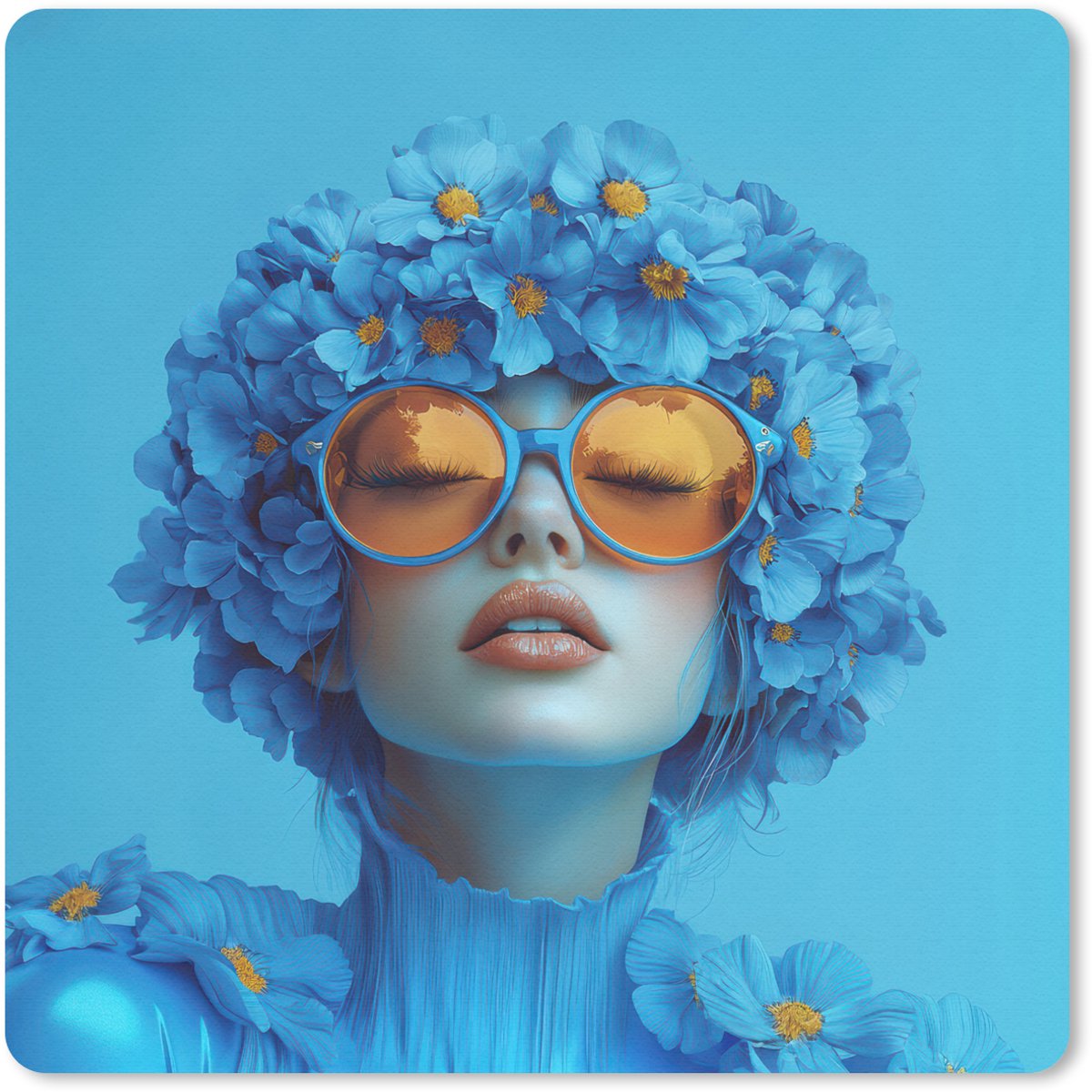 Muismat 20x20 cm - Mousepad Vrouw - Bloem - Blauw - Modern - Bril - Portret - Muismatten