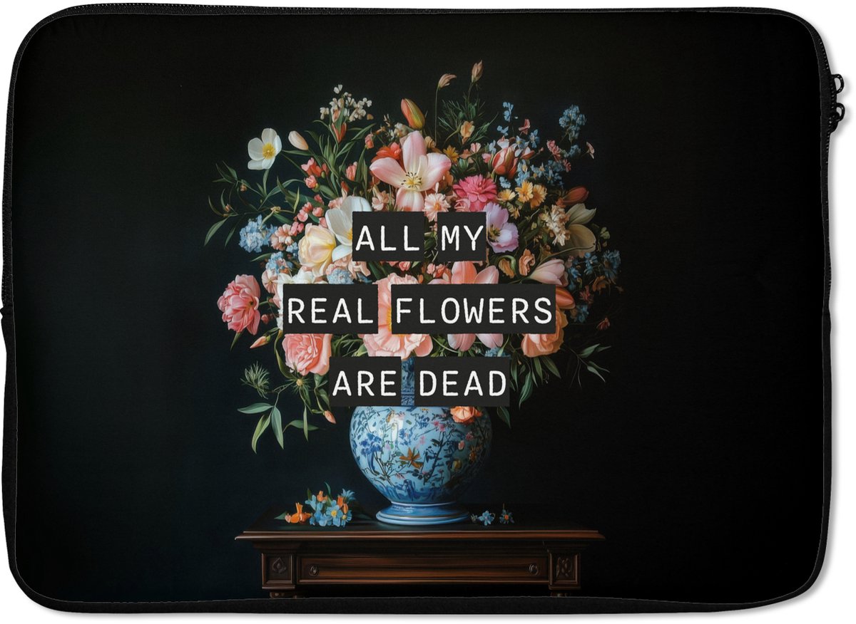 Laptophoes 14 inch - Bloemen - Art - Pastel - Quotes - Laptop sleeve - Binnenmaat 33x23 cm - Zwarte achterkant