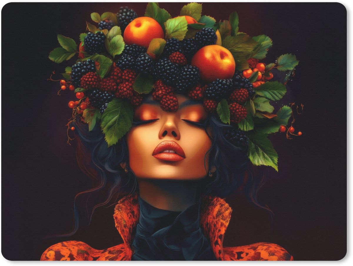 Muismat 23x19 cm - Mousepad Vrouw - Zwart - Bessen - Bramen - Appels - Muismatten