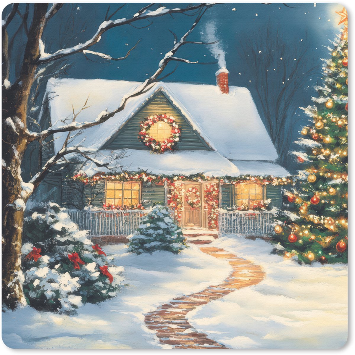 Muismat 20x20 cm - Mousepad Kerst - Kerstboom - Winter - Huis - Sneeuw - Muismatten