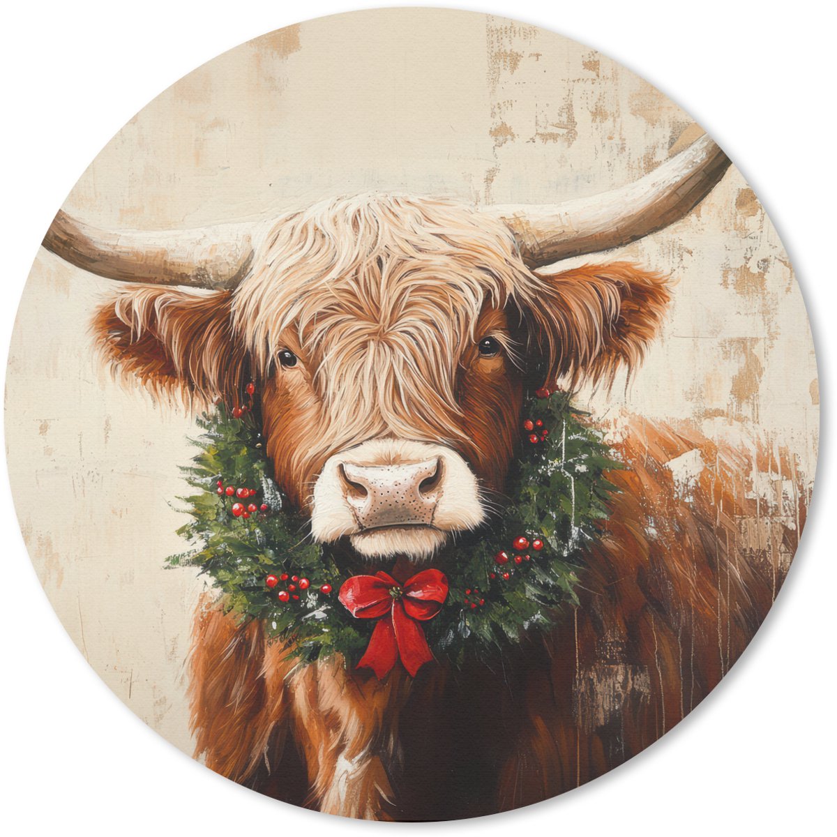 Muismat rond 20x20 cm - Mousepad Kerst - Schotse Hooglander - Bruin - Krans - Ronde muismatten