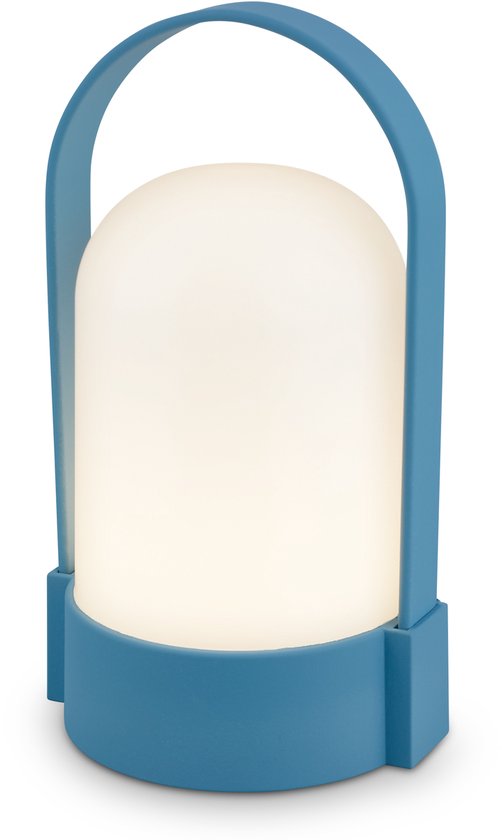 Lampe bleue portable avec diffuseur blanc et poignée, isolée.