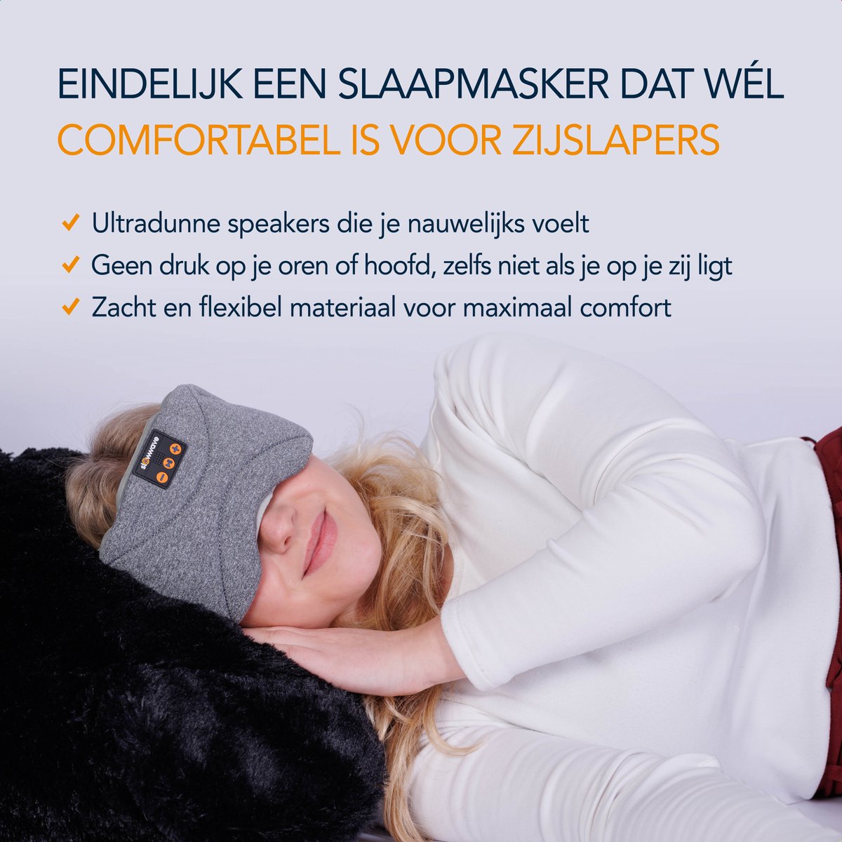 Slowwave Premium Bluetooth Slaapmasker - White Noise Versie (10 ingebouwde relax-geluiden) - Kleur: grijs - Met Binaural Beats - 100% verduisterend - Inclusief handige timer-functie - Koel en ademend - Platte 'spons speakers' voor zijslapers — afbeelding 11