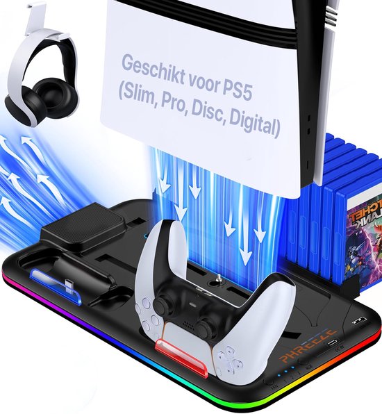 PS5 oplaadstation met een witte controller, headset, games en RGB-verlichting.