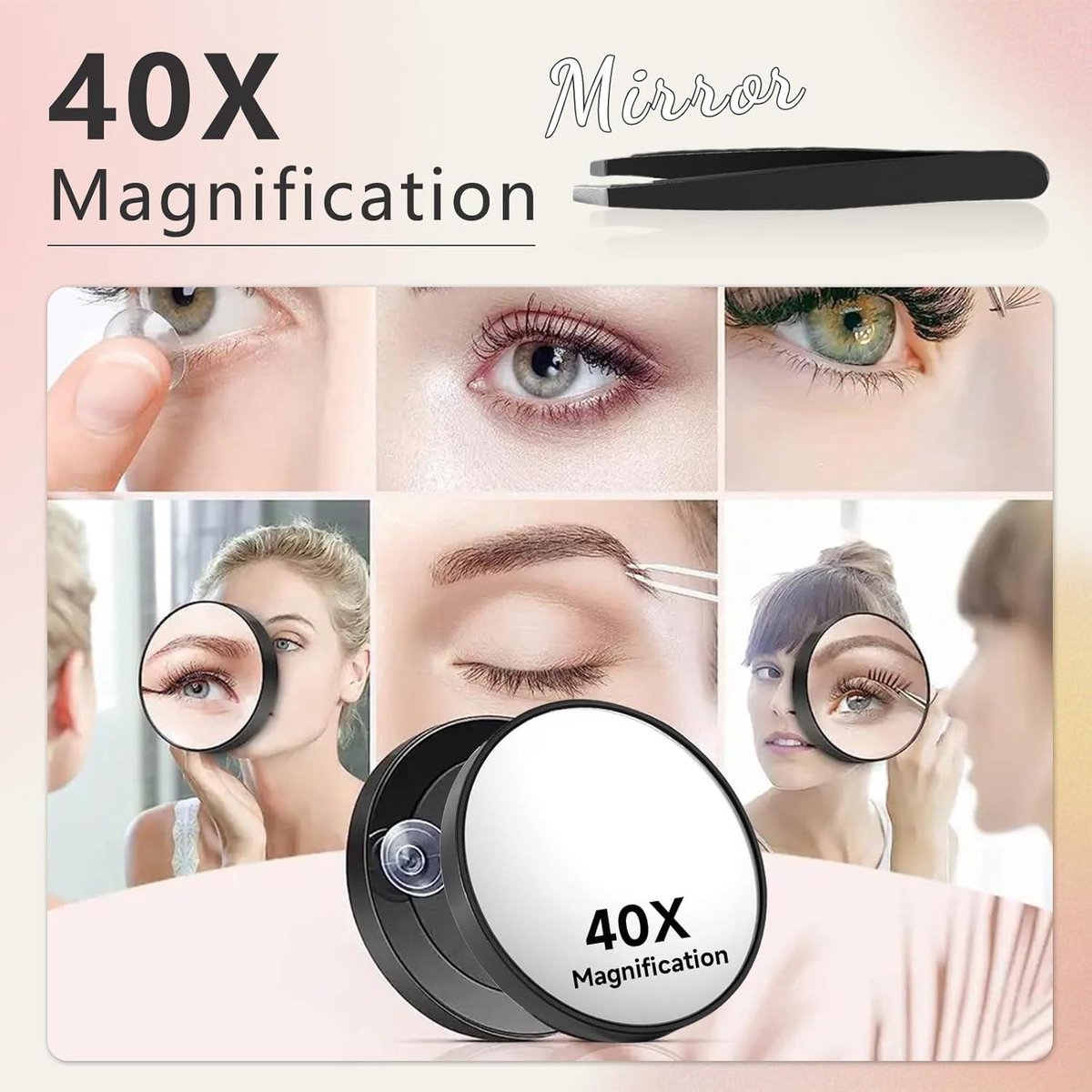 Cosmeria 40-voudige vergrotende spiegel, Kleine vergrotende spiegel met zuignappen en pincetten set, voor nauwkeurige make-up en wenkbrauw epileren 8,9 cm