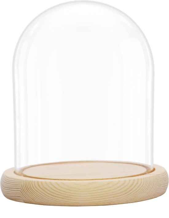 Belle Vous Glazen Stolp Pot met Natuurlijk Houten Basis - 21,5 cm Hoog - Doorzichtig Decoratieve Tafeltop Display Bak met Tray voor Fee Lichten, Kopstukken en Antieke Items