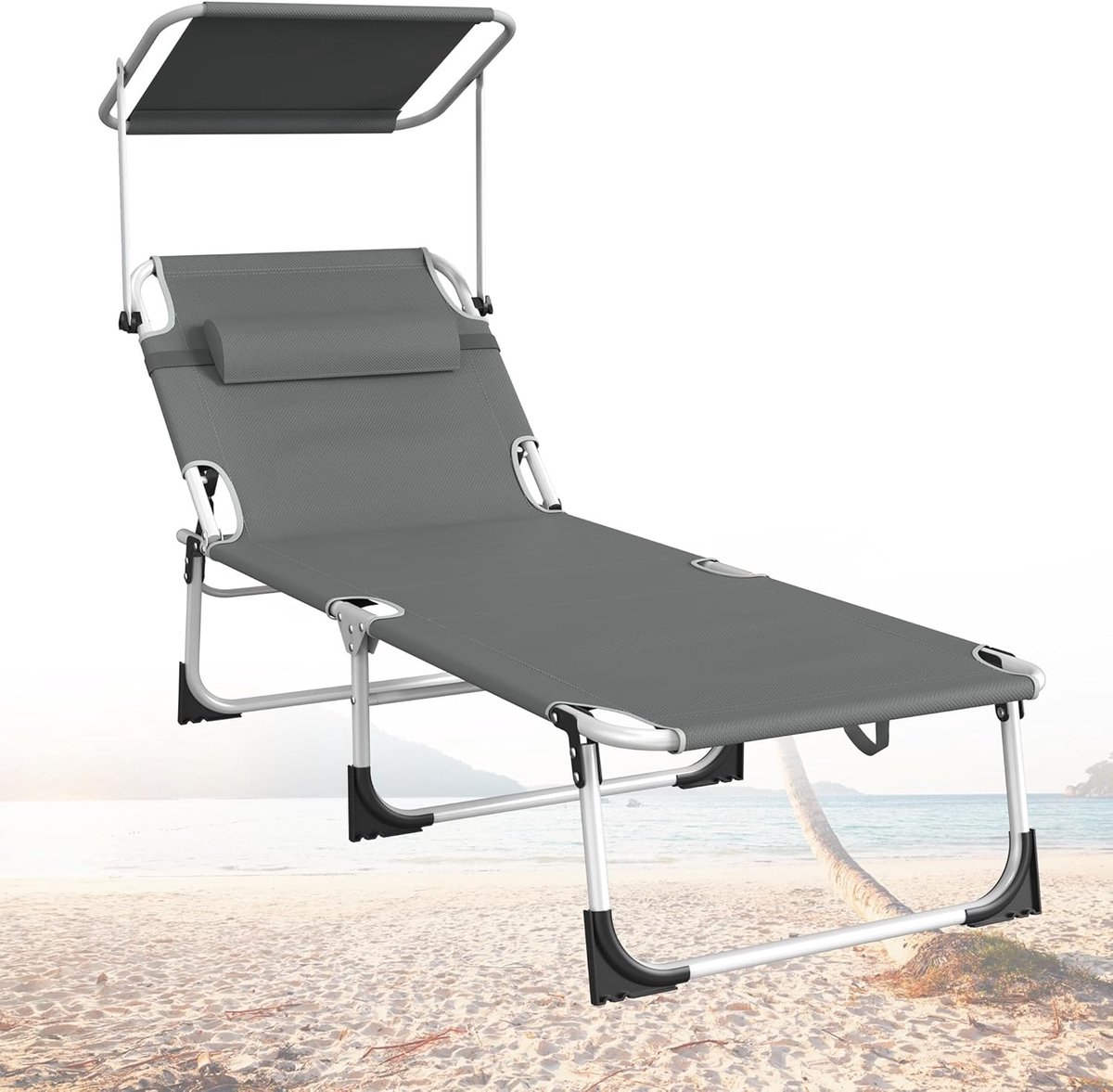 Aufun Antraciet Ligstoel Tuin Met Zonnescherm Tuin Ligstoel Opvouwbaar Lichtgewicht Met Luifel Balkon Patio Ligstoel Strand Ligstoel Met Kussen Draagtassen Zij Zak
