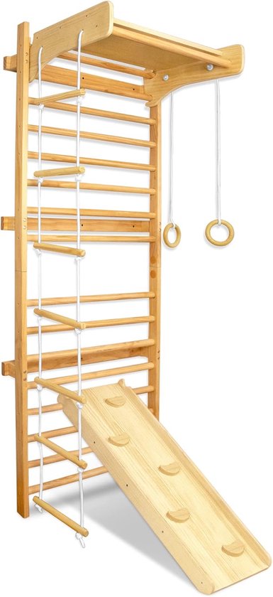 NAIZY wandrek 6-in-1 turntoestelset klimwand houtlook klimrek 215cm turnwand inclusief wandrek, driehoeken, turnringen, ladders, glijbanen/klimplanken, max. tot 100KG