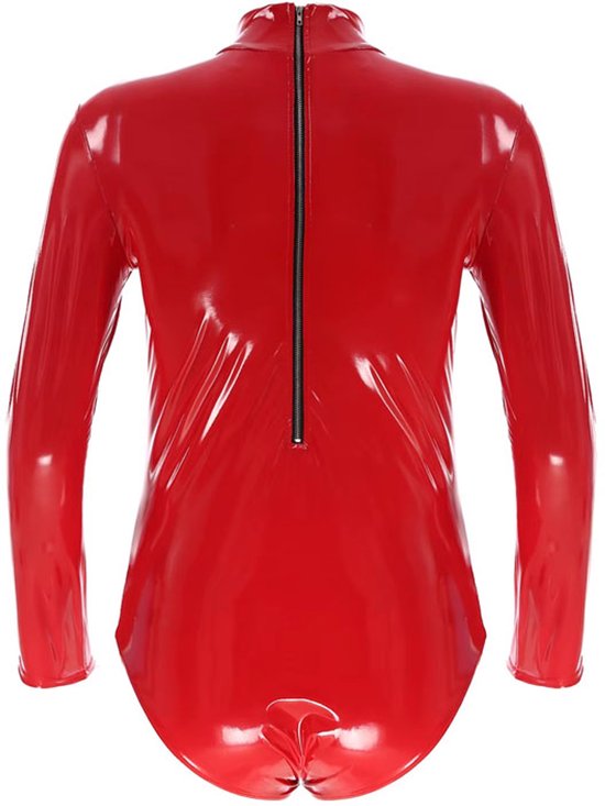 Body Lingerie Homme Cuir Verni - Clubwear - Fermeture Éclair - Catsuit - Rouge - Homme