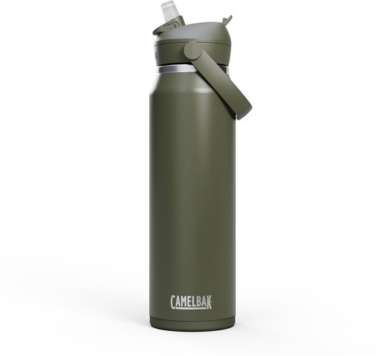 Groene Camelbak drinkfles van RVS met handvat en open rietje.