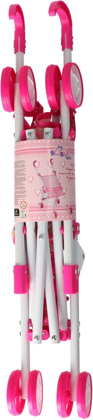 Ingeklapte roze en witte poppenbuggy met wielen, met verpakking erop.