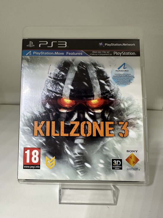 Jaquette du jeu Killzone 3 sur PlayStation 3, représentant un soldat casqué aux yeux rouges dans la neige.