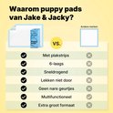 Comparaison des tapis d'apprentissage pour chiots Jake & Jacky avec d'autres marques. Un tapis et une boîte de tapis à côté d'un carré bleu vide.