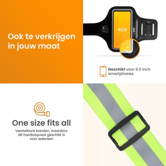 Groen hardloopvest met reflecterende strepen en een telefoonhoesje. Verstuurbare banden.