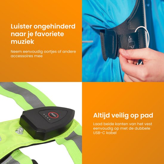 Hand sluit klittenband op een jas, koptelefoon snoer uit de vest.