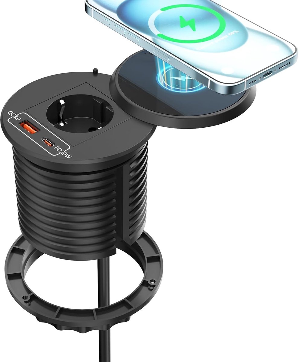 Inbouwstekkerdoos met USB C en Draadloos Opladen - Stopcontact voor Werkblad en Keuken - 1,8 m Kabel, Ø 80 mm, Zwart