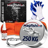 Magfishion Magneetvissen Set 250 KG - Vismagneet - 20 Meter Lang Touw + Karabijnhaak met Schroefsluiting - Handschoenen - Borgmiddel - Magneetvissen Starterspakket - Magneet Vissen - Outdoor - Magneetvissen Kinderen