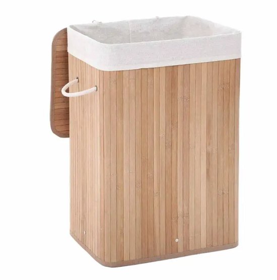 Bamboe Wasmand met Deksel, Katoenen Zak en Handvaten - 72L - Natuurlijk Bruin