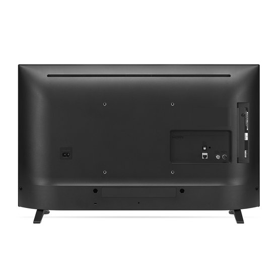Achterkant van een zwarte LG smart tv met poorten en standaard.