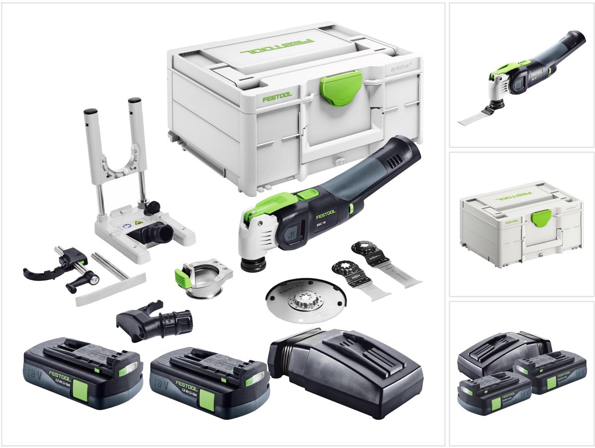Festool VECTURO OSC 18 E-Basic Set snoerloos oscillerend gereedschap 18 V Starlock Max Brushless + 2x accu 3.0 Ah + lader + 7-delige accessoireset + systainer